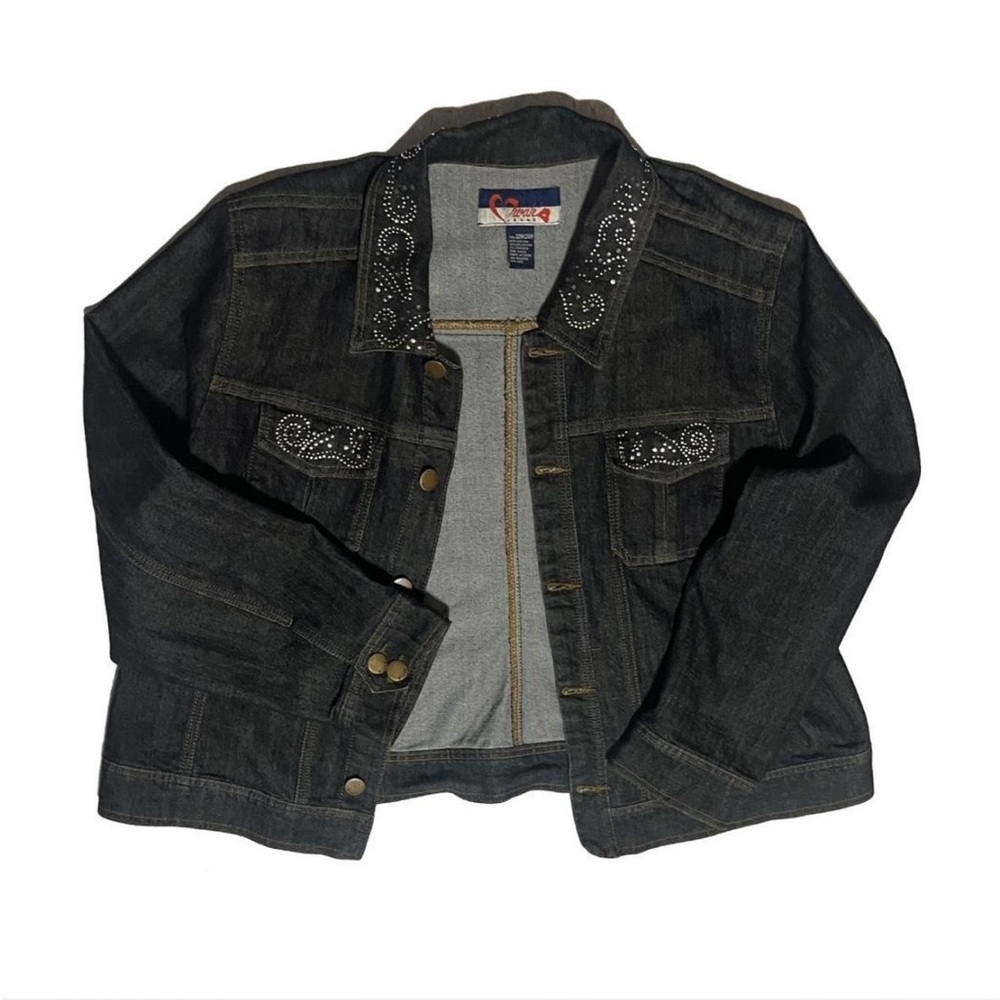 vintage dark wash mwah jeans denim jacket with silver rhinestone details